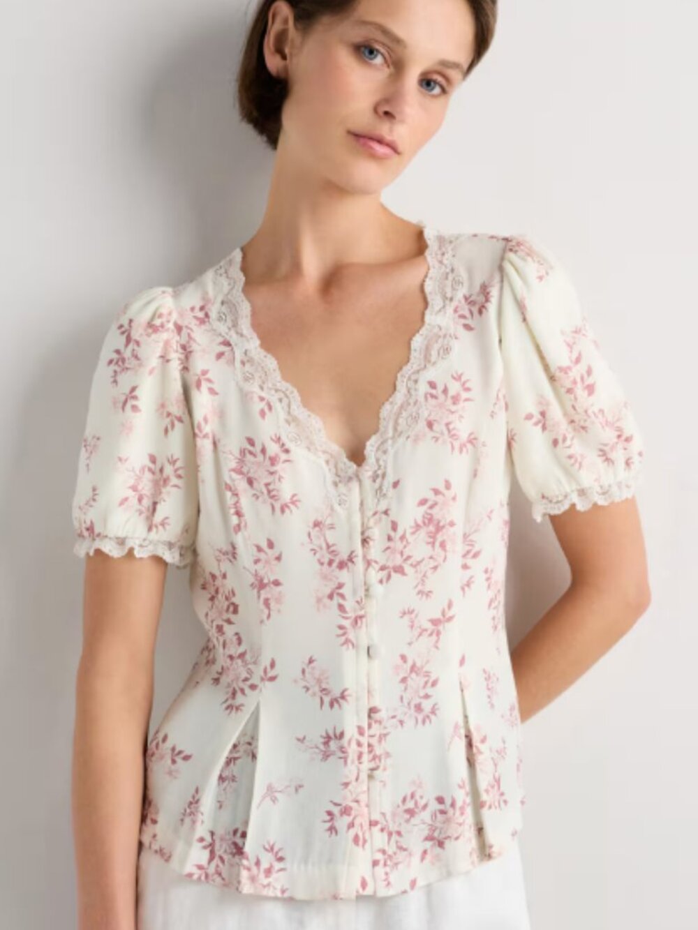 Quince Lightweight Crepe Lace Puff Sleeve Blouse Ivory Rose Pink Petite - Small